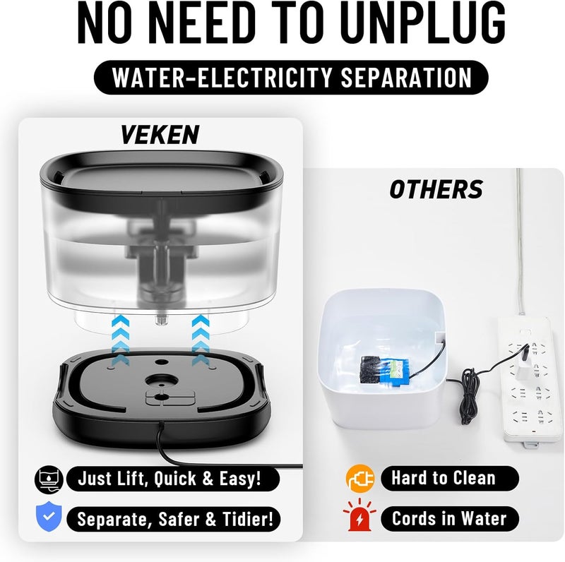 Veken Cat Water Fountain with Detachable Tank, Easy to Clean & Assemble, 84oz/2.5L Pet Drinking Dispenser with Quiet Operation & LED Light, Gifts, Cats, Dogs and Small Pets, Black - Image 4